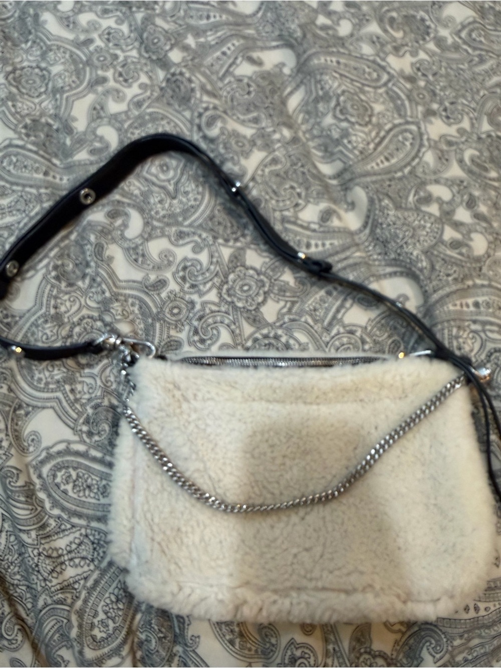 All Saints Cream Faux Shearling Shoulder Bag with Black Strap and Silver Chain